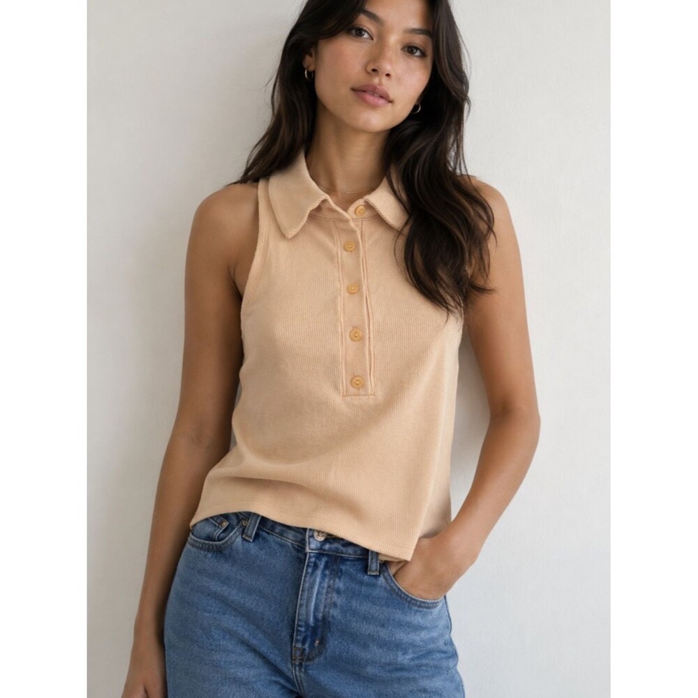 NWT Abercrombie & Fitch Medium Rib Sleeveless Collared Henley Tank Top Beige